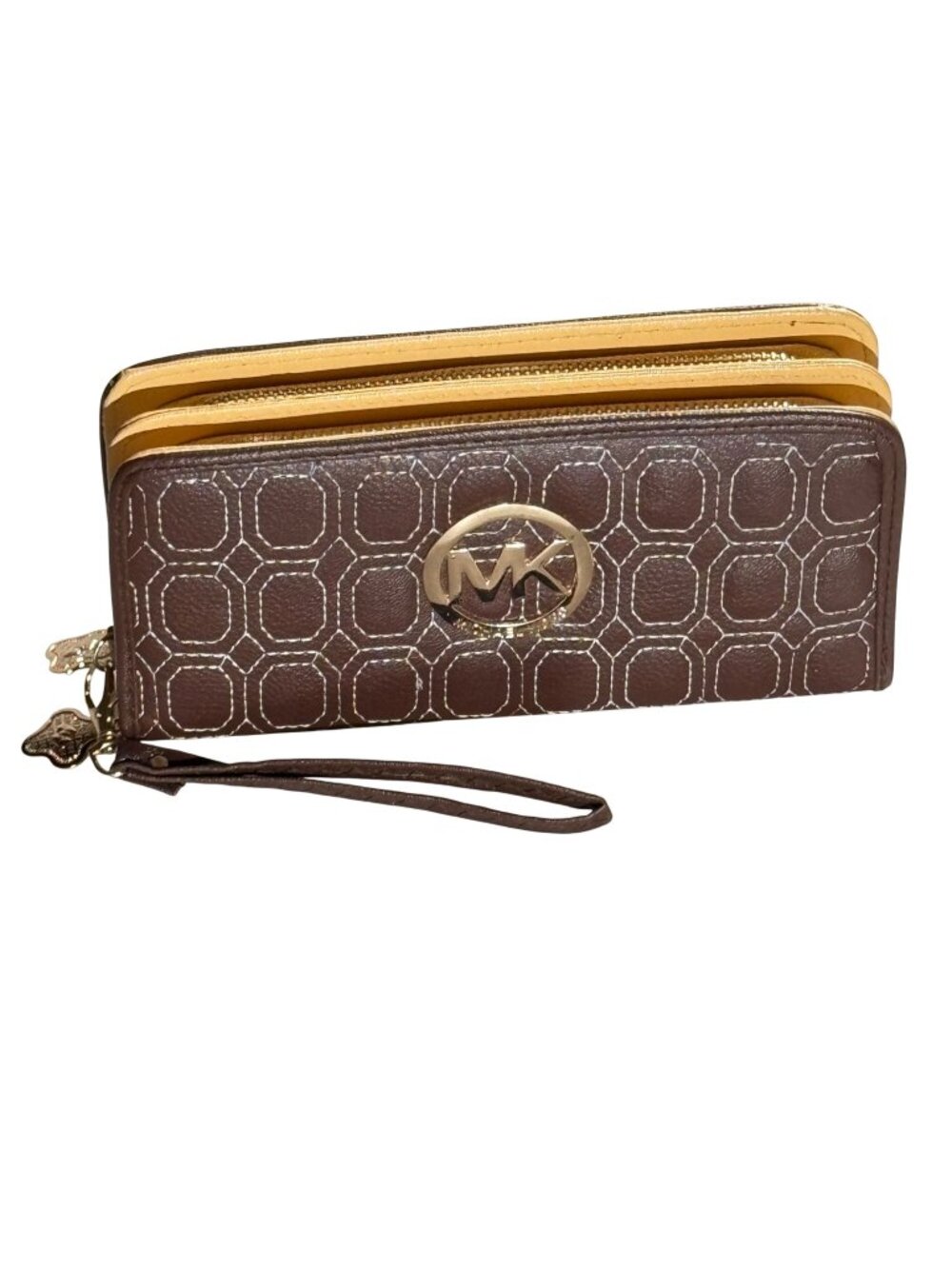 Michael Kors Jet Set Contential Brown Leather Wristlet Wallet W/ Gold Double Zip